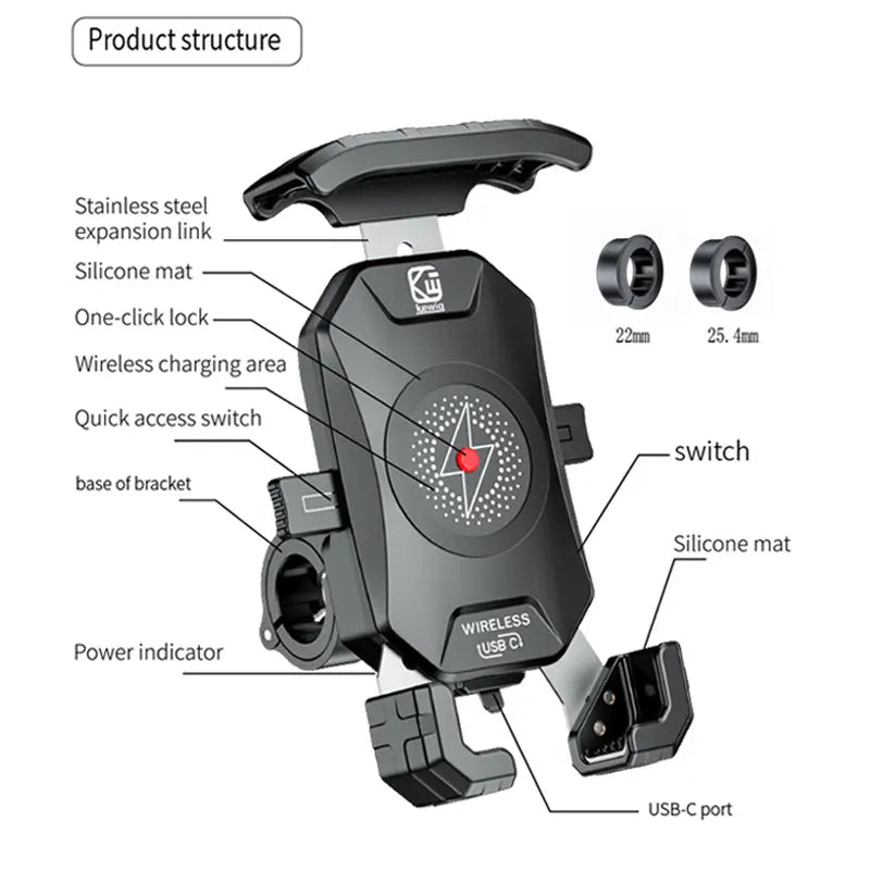 Waterproof Motorcycle Phone Holder & Wireless Charger